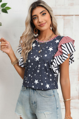 Gray Striped Ruffled Sleeve Star Print T Shirt