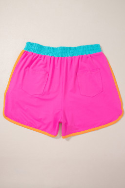 Rose Red Color Block Loose Fit Top and Elastic Waist Shorts Set