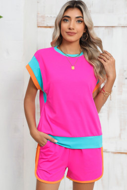Rose Red Color Block Loose Fit Top and Elastic Waist Shorts Set