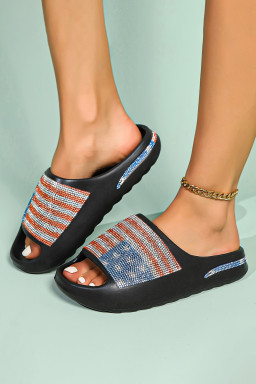 Black Rhinestone American Flag Thick Sole Slides Shoes