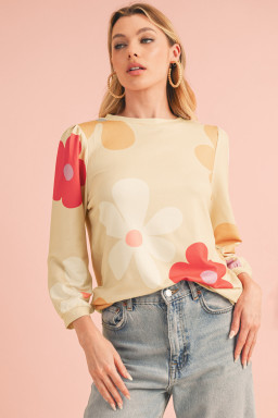 Apricot 60s Flower Print Ruched Bracelet Sleeve Top