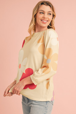 Apricot 60s Flower Print Ruched Bracelet Sleeve Top