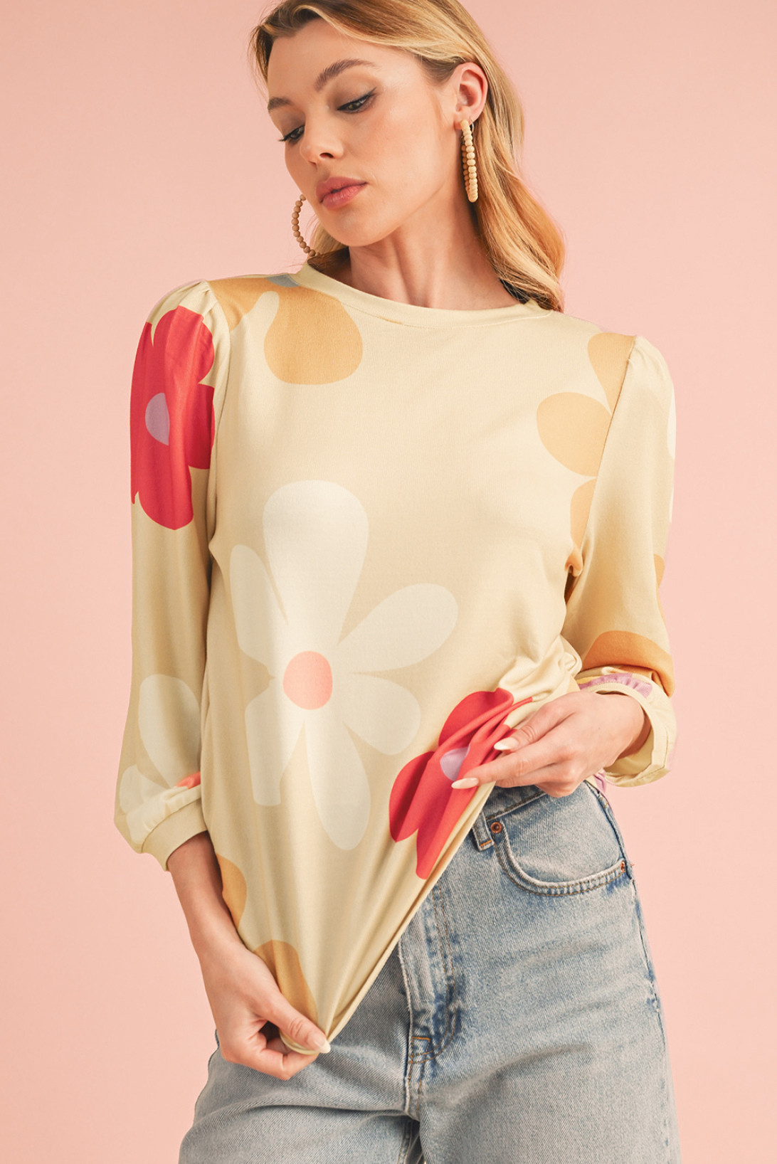 Apricot 60s Flower Print Ruched Bracelet Sleeve Top