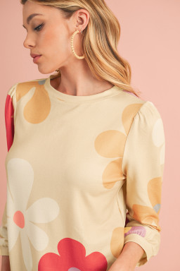 Apricot 60s Flower Print Ruched Bracelet Sleeve Top