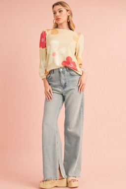 Apricot 60s Flower Print Ruched Bracelet Sleeve Top