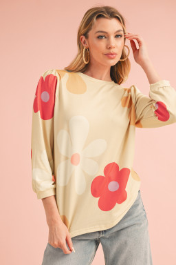 Apricot 60s Flower Print Ruched Bracelet Sleeve Top