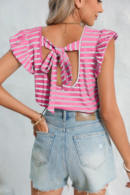 Pink Stripe V Neck Knotted Backless Ruffle T Shirt