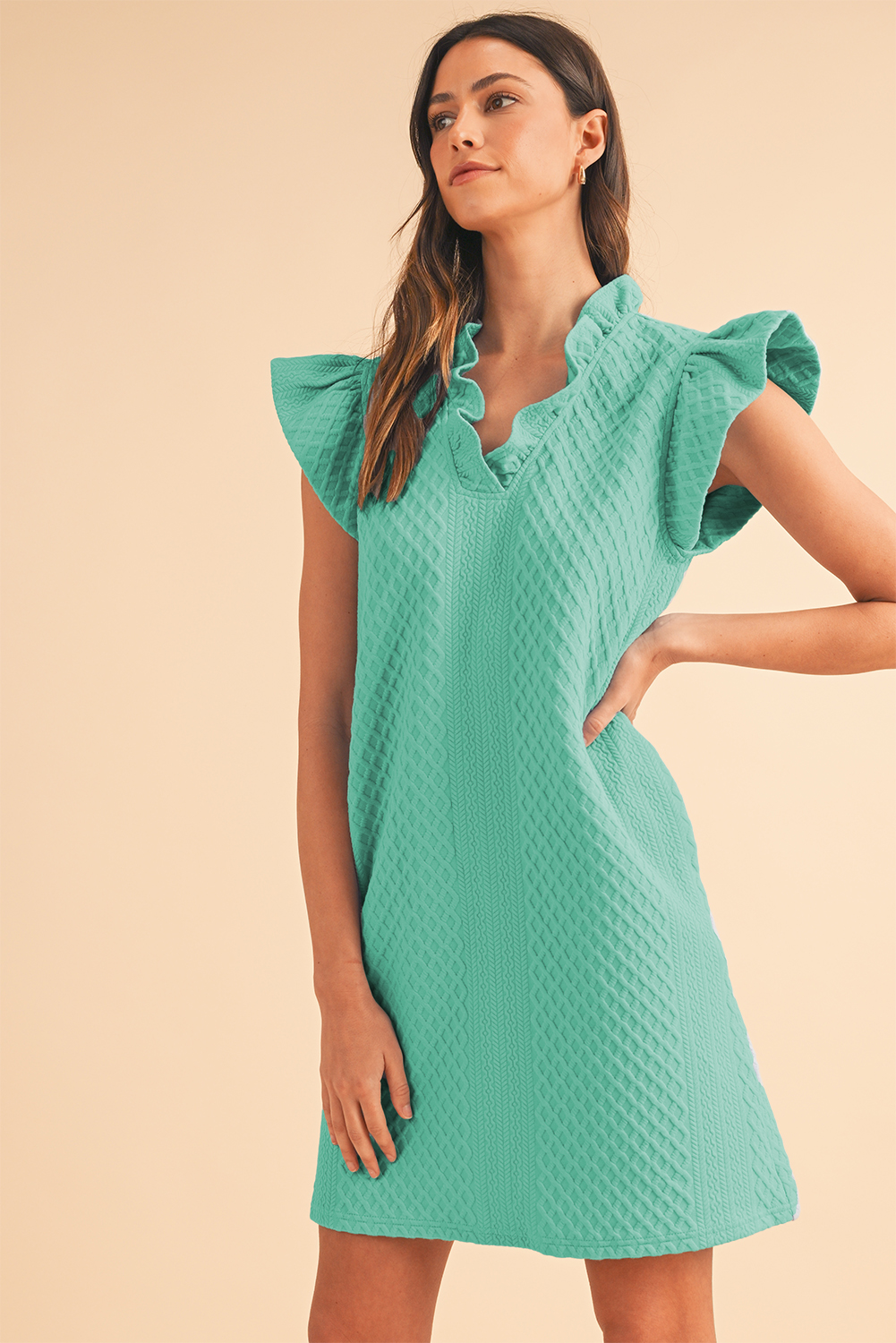 Sea Green Textured Puff Sleeve Ruffled V Neck Mini Dress sea-green-textured-puff-sleeve-ruffled-v-neck-mini-dress