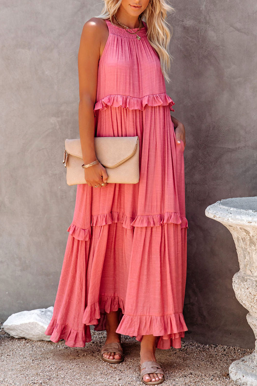 Decorative Button Ruffle Trim Smocked Maxi Dress