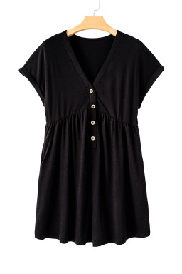 Black V Neck Buttons Loose Cuffed Short Sleeve Romper