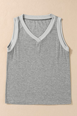 Gray Contrast Trim V-Neck Loose Fit Tank Top