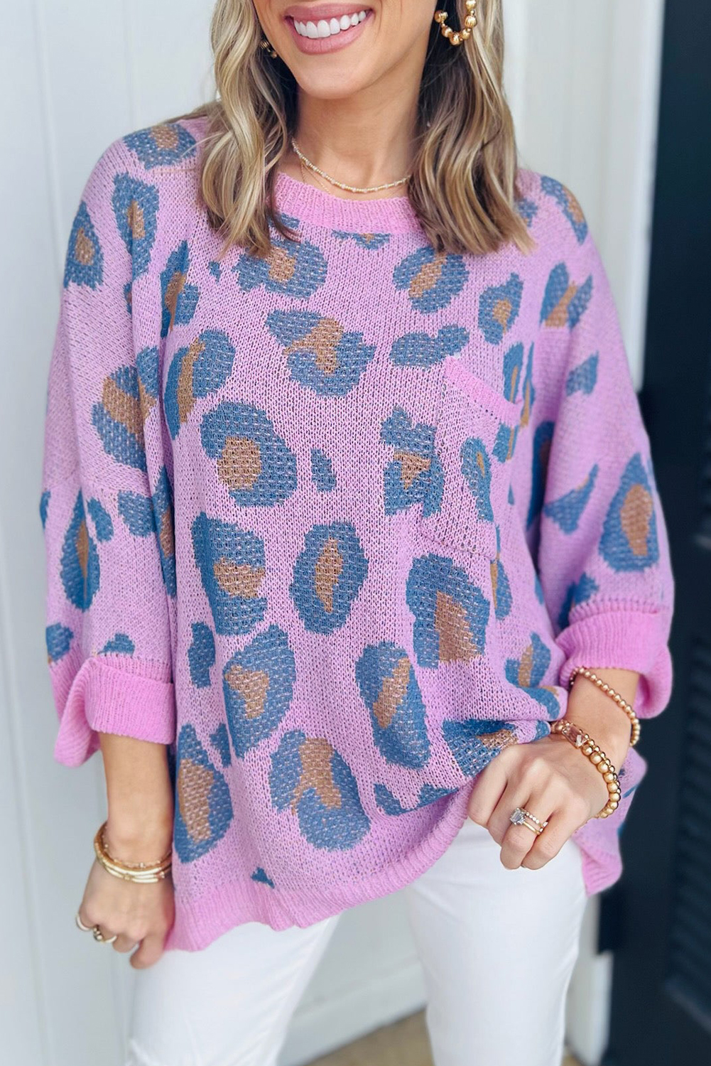 Leopard Checker Short Sleeve Knit Sweater
