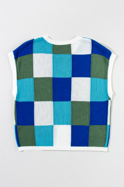 Dark Blue Checkered Color Block Cap Sleeve Knitted Top