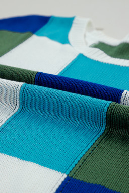 Dark Blue Checkered Color Block Cap Sleeve Knitted Top