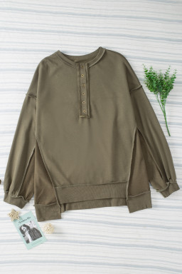 Green Patchwork Exposed Seam Oversized Henley Sweatshirt
