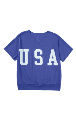 Dark Blue USA Lettering Patch Notched Neck Loose Tee