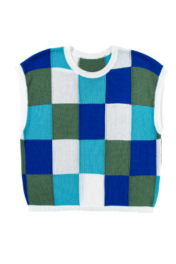 Dark Blue Checkered Color Block Cap Sleeve Knitted Top