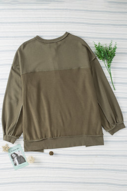 Green Patchwork Exposed Seam Oversized Henley Sweatshirt
