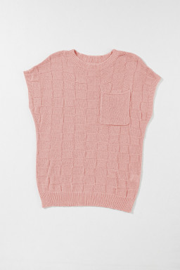 Dusty Pink Lattice Textured Knit Short Sleeve Baggy Sweater