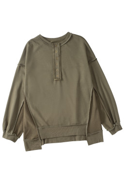 Green Patchwork Exposed Seam Oversized Henley Sweatshirt