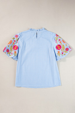 Light Blue Flower Embroidered Puff Sleeve Gingham Blouse
