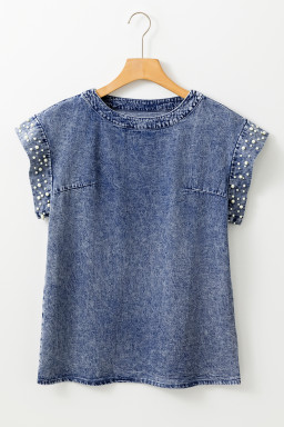 Dusk Blue Acid Wash Pearl Embellishment Round Neck Denim Top
