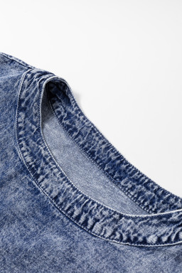 Dusk Blue Acid Wash Pearl Embellishment Round Neck Denim Top