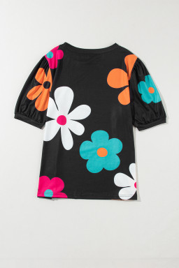 Black Colorful Flower Print Bubble Sleeve Tee