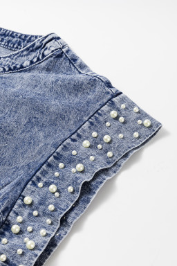 Dusk Blue Acid Wash Pearl Embellishment Round Neck Denim Top