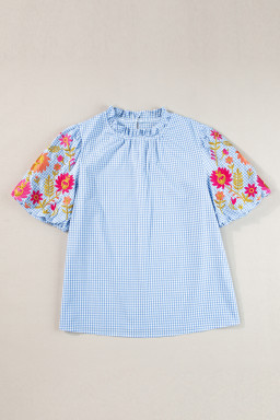 Light Blue Flower Embroidered Puff Sleeve Gingham Blouse