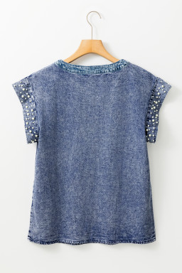 Dusk Blue Acid Wash Pearl Embellishment Round Neck Denim Top