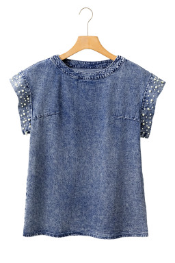Dusk Blue Acid Wash Pearl Embellishment Round Neck Denim Top