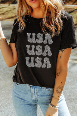 Black Rhinestone USA Graphic Round Neck T Shirt