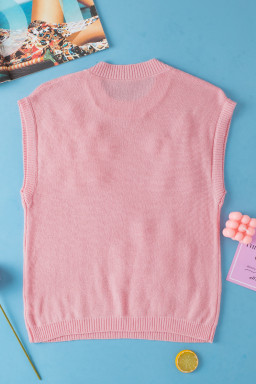 Pink Flower Patch Knit Round Neck Tee