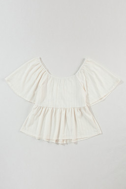 Oatmeal Shirred V Neck Short Flutter Sleeve Textured Blouse