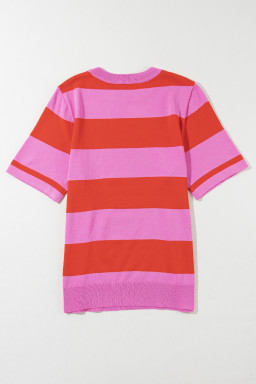 Bright Pink Colorblock Knitted Round Neck T Shirt