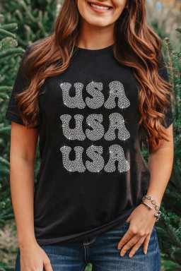 Black Rhinestone USA Graphic Round Neck T Shirt