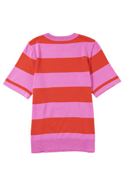 Bright Pink Colorblock Knitted Round Neck T Shirt