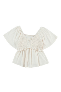 Oatmeal Shirred V Neck Short Flutter Sleeve Textured Blouse