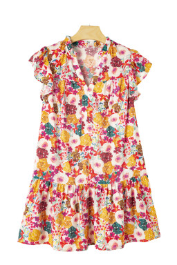 Purple Floral Print Split Neck Ruffle Mini Dress