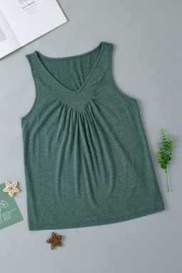 Mist Green Solid Color V Neck Pleated Tank Top