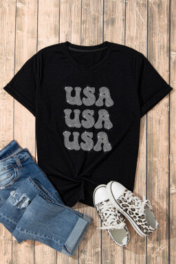 Black Rhinestone USA Graphic Round Neck T Shirt