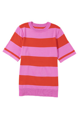 Bright Pink Colorblock Knitted Round Neck T Shirt