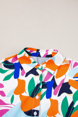 Multicolour Abstract Leaf Print Button Up Short Sleeve Blouse
