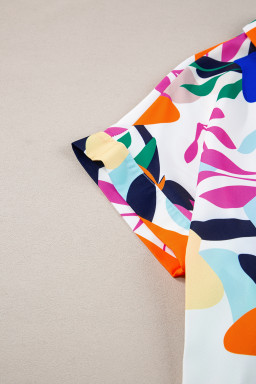 Multicolour Abstract Leaf Print Button Up Short Sleeve Blouse