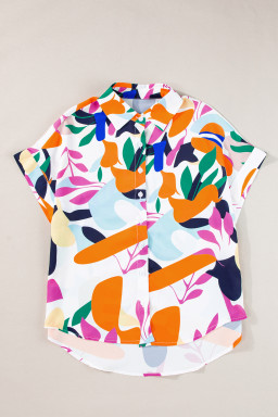 Multicolour Abstract Leaf Print Button Up Short Sleeve Blouse