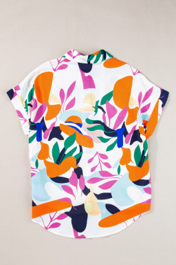 Multicolour Abstract Leaf Print Button Up Short Sleeve Blouse