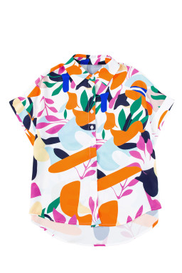 Multicolour Abstract Leaf Print Button Up Short Sleeve Blouse