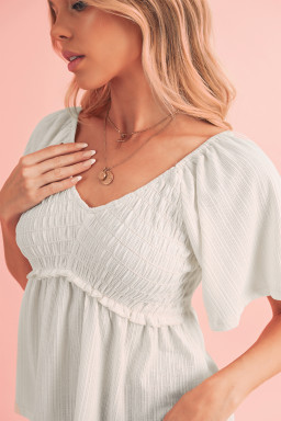 Oatmeal Shirred V Neck Short Flutter Sleeve Textured Blouse