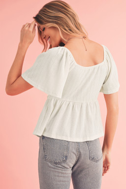 Oatmeal Shirred V Neck Short Flutter Sleeve Textured Blouse
